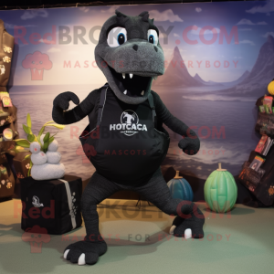 Black Hydra mascot costume character dressed with a Running Shorts and Messenger bags