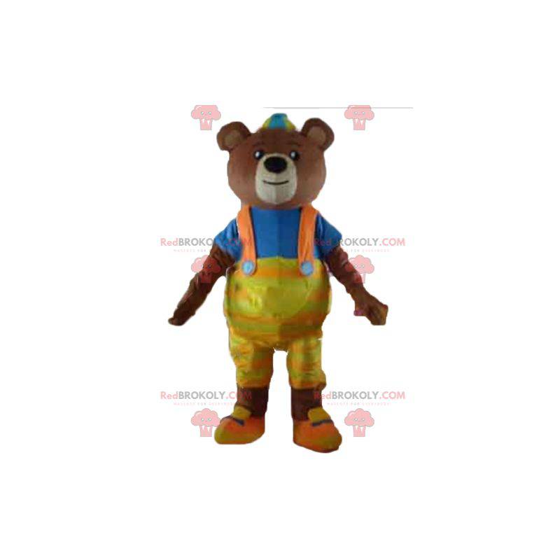 Brown bear mascot with yellow overalls and a t-shirt -