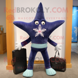 Navy Starfish mascot costume character dressed with a Yoga Pants and Messenger bags