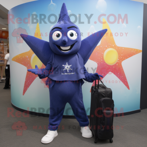 Navy Starfish mascot costume character dressed with a Yoga Pants and Messenger bags