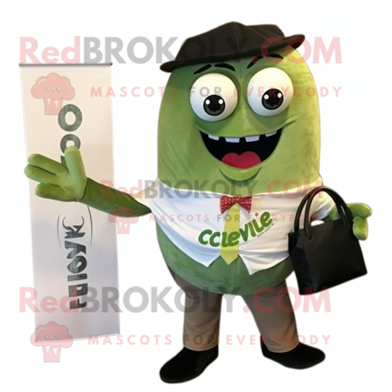 Olive Ceviche mascot costume character dressed with a Poplin Shirt and Wallets Olive Ceviche mascot costume character dressed with a Poplin Shirt and Wallets