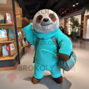 Turquoise Sloth mascot costume character dressed with a Coat and Tote bags