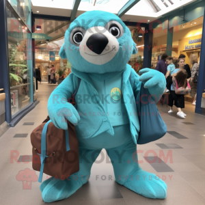 Turquoise Sloth mascot costume character dressed with a Coat and Tote bags