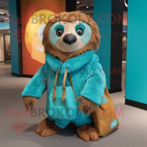 Turquoise Sloth mascot costume character dressed with a Coat and Tote bags