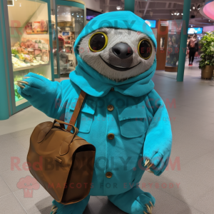 Turquoise Sloth mascot costume character dressed with a Coat and Tote bags