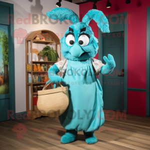Turquoise Goulash mascot costume character dressed with a Midi Dress and Tote bags