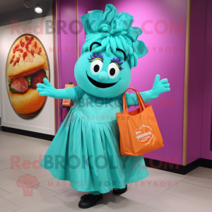 Turquoise Goulash mascot costume character dressed with a Midi Dress and Tote bags