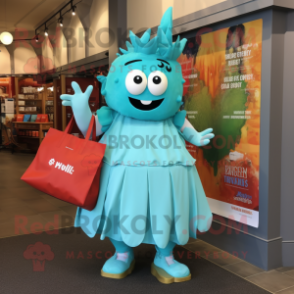 Turquoise Goulash mascot costume character dressed with a Midi Dress and Tote bags