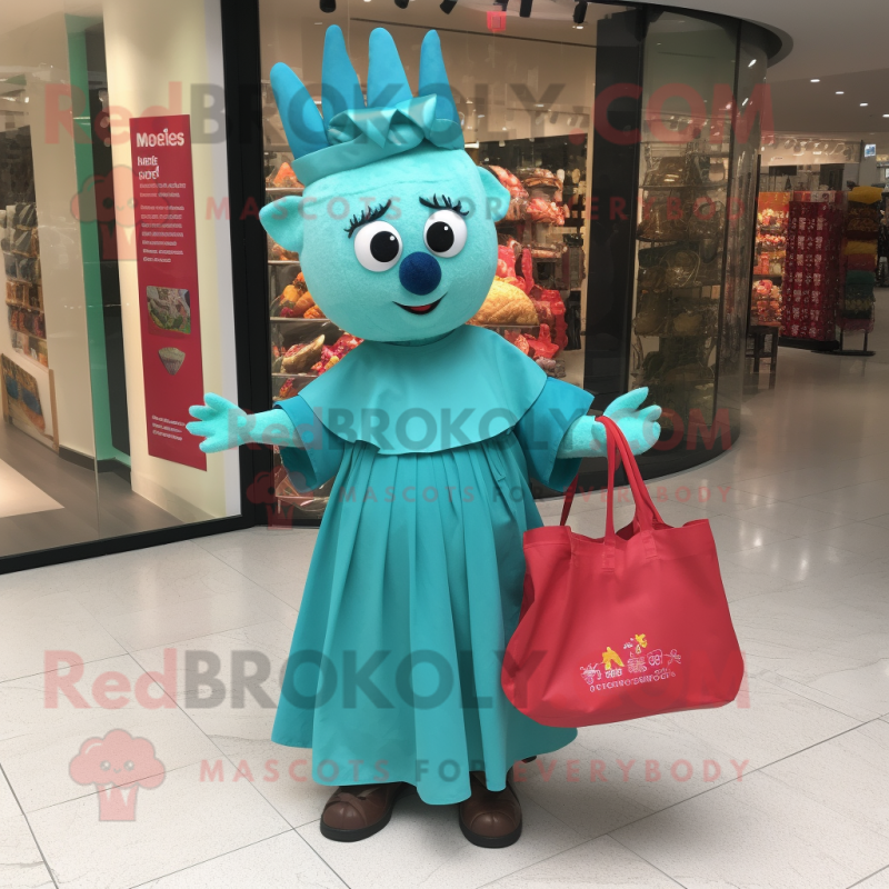 Turquoise Goulash mascot costume character dressed with a Midi Dress and Tote bags