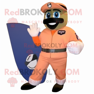 Peach Air Force Soldier mascot costume character dressed with a Board Shorts and Mittens