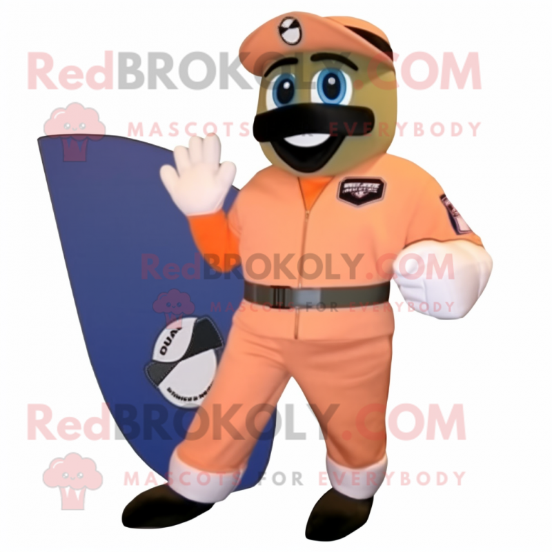 Peach Air Force Soldier mascot costume character dressed with a Board Shorts and Mittens Peach Air Force Soldier mascot costume character dressed with a Board Shorts and Mittens