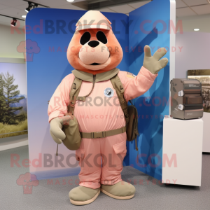 Peach Air Force Soldier mascot costume character dressed with a Board Shorts and Mittens