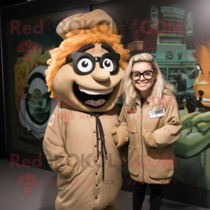 Tan Witch mascot costume character dressed with a Bomber Jacket and Eyeglasses