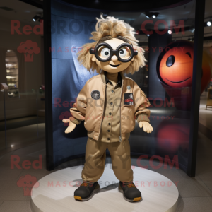 Tan Witch mascot costume character dressed with a Bomber Jacket and Eyeglasses