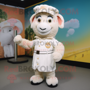 Cream Ram mascot costume character dressed with a Dress Shirt and Caps