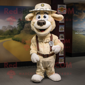 Cream Ram mascot costume character dressed with a Dress Shirt and Caps