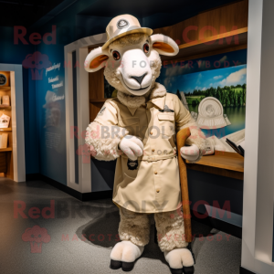 Cream Ram mascot costume character dressed with a Dress Shirt and Caps