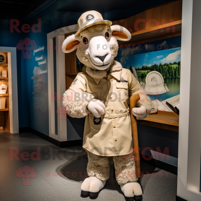 Cream Ram mascot costume character dressed with a Dress Shirt and Caps Cream Ram mascot costume character dressed with a Dress Shirt and Caps