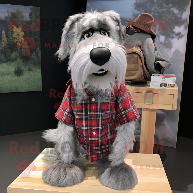 Silver Dog mascot costume character dressed with a Flannel Shirt and Cufflinks Silver Dog mascot costume character dressed with a Flannel Shirt and Cufflinks