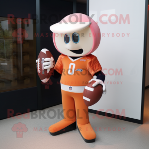 Peach American Football Helmet mascot costume character dressed with a Rugby Shirt and Clutch bags