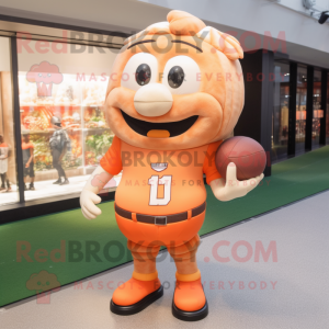Peach American Football Helmet mascot costume character dressed with a Rugby Shirt and Clutch bags