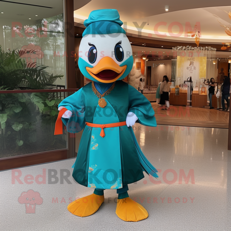 Teal Mandarin mascot costume character dressed with a Blouse and Hairpins