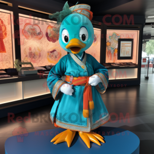 Teal Mandarin mascot costume character dressed with a Blouse and Hairpins