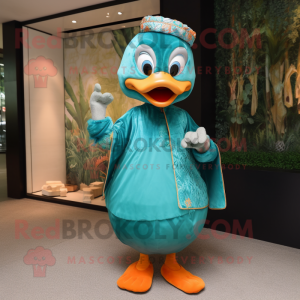 Teal Mandarin mascot costume character dressed with a Blouse and Hairpins