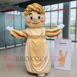 Cream Croissant mascot costume character dressed with a Maxi Dress and Headbands