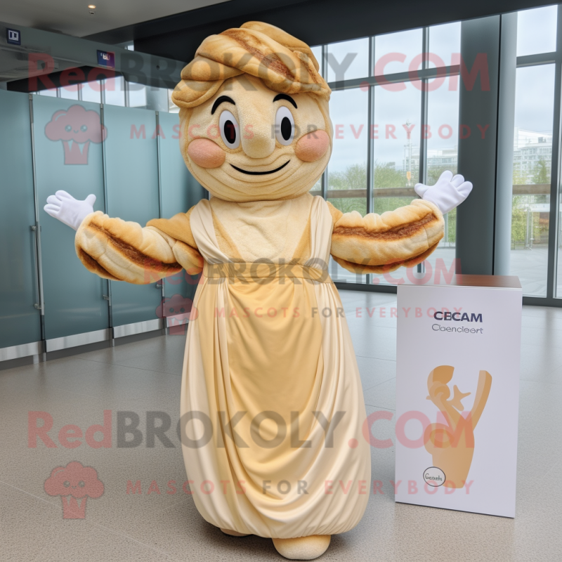 Cream Croissant mascot costume character dressed with a Maxi Dress and Headbands Cream Croissant mascot costume character dressed with a Maxi Dress and Headbands