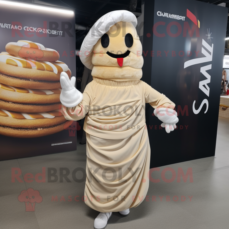 Cream Croissant mascot costume character dressed with a Maxi Dress and Headbands