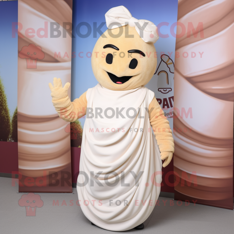 Cream Croissant mascot costume character dressed with a Maxi Dress and Headbands