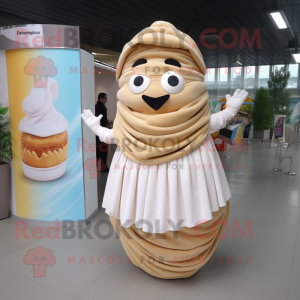 Cream Croissant mascot costume character dressed with a Maxi Dress and Headbands