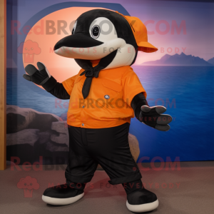 Orange Killer Whale mascot costume character dressed with a Bermuda Shorts and Cummerbunds