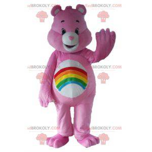 Mascota Pink Care Bear con un arco iris en el estómago -