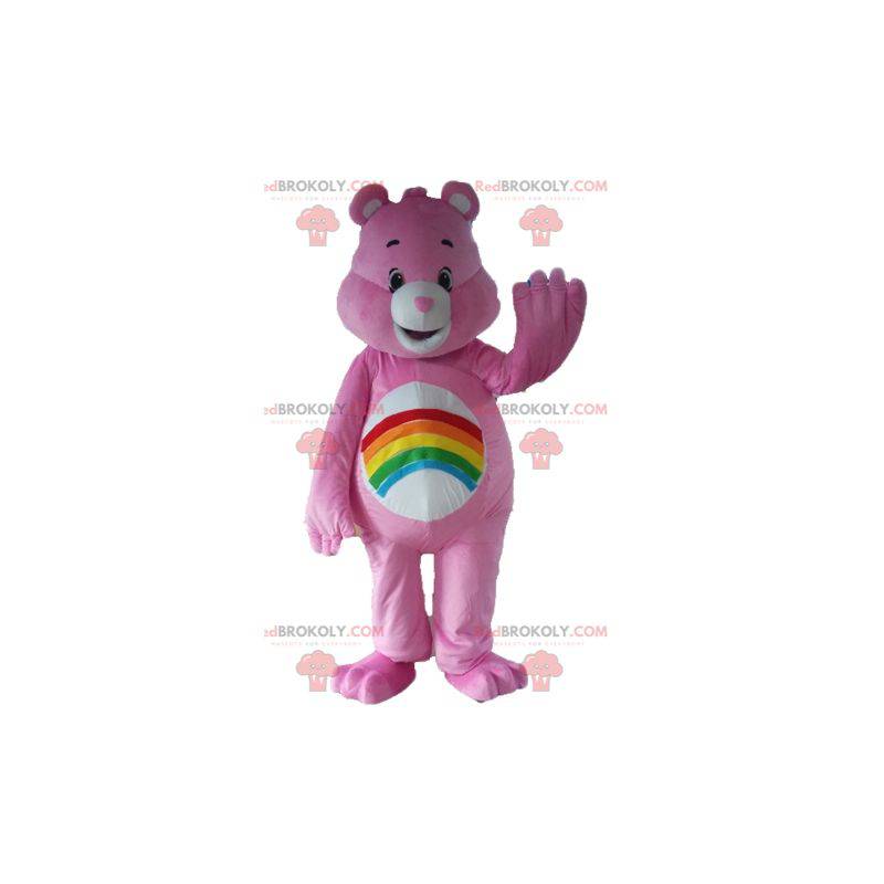Mascota Pink Care Bear con un arco iris en el estómago -