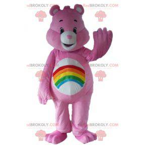 Mascotte Pink Care Bear met een regenboog op de buik -
