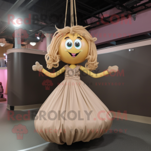 Tan Trapeze Artist mascot costume character dressed with a Ball Gown and Shoe laces