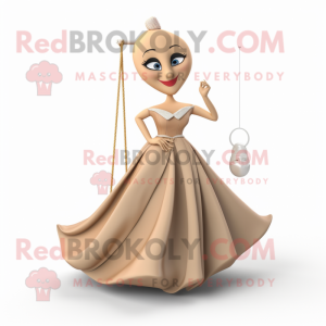 Tan Trapeze Artist mascot costume character dressed with a Ball Gown and Shoe laces