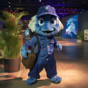 Navy Betta Fish mascot costume character dressed with a Dungarees and Messenger bags