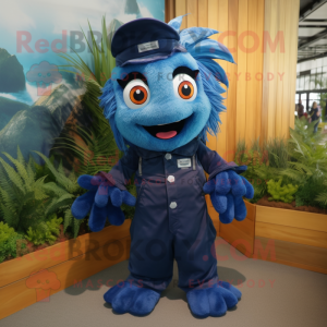 Navy Betta Fish mascot costume character dressed with a Dungarees and Messenger bags