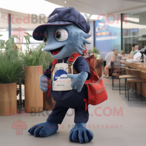 Navy Betta Fish mascot costume character dressed with a Dungarees and Messenger bags
