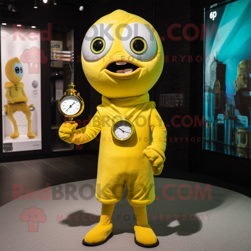 Yellow Hourglass mascot costume character dressed with a Poplin Shirt and Bracelet watches