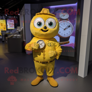 Yellow Hourglass mascot costume character dressed with a Poplin Shirt and Bracelet watches