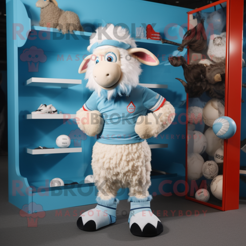 Sky Blue Angora Goat mascot costume character dressed with a Rugby Shirt and Caps