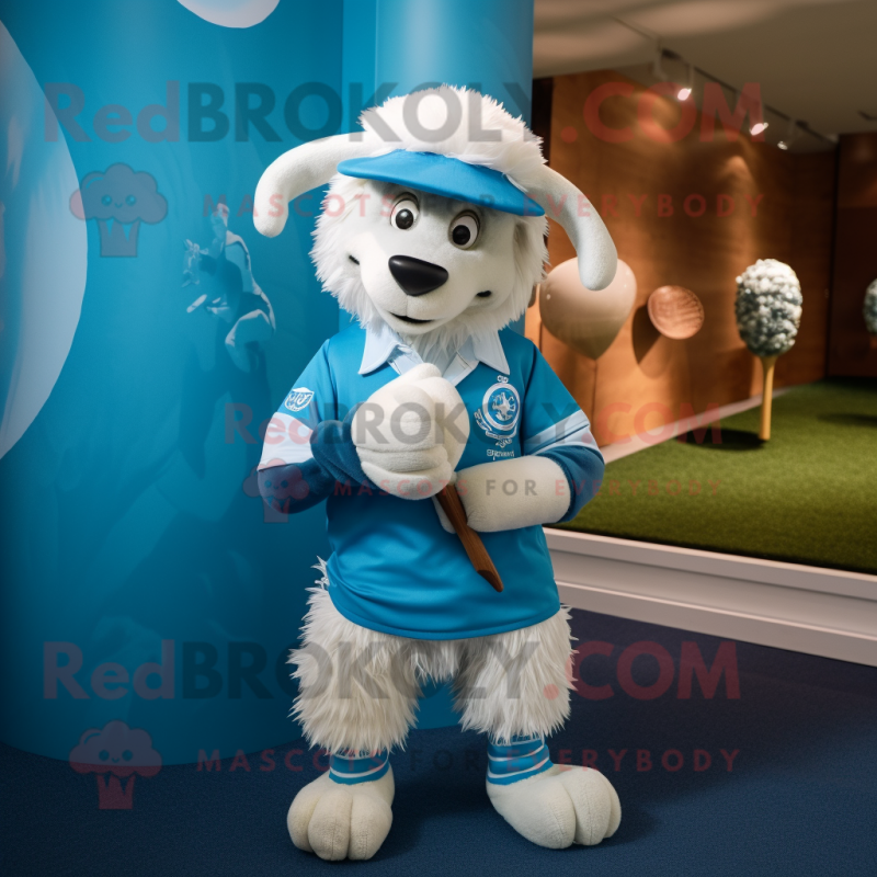 Sky Blue Angora Goat mascot costume character dressed with a Rugby Shirt and Caps