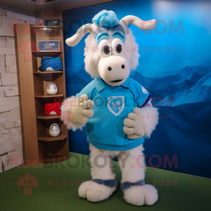 Sky Blue Angora Goat mascot costume character dressed with a Rugby Shirt and Caps