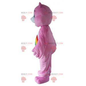 Mascotte Pink Care Bear con un arcobaleno sullo stomaco -