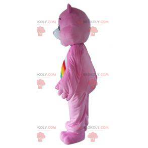 Mascote Pink Care Bear com um arco-íris na barriga -