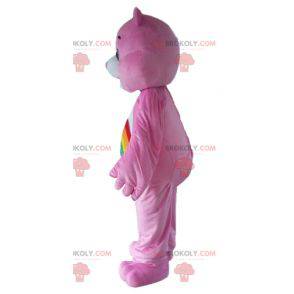 Mascotte Pink Care Bear con un arcobaleno sullo stomaco -